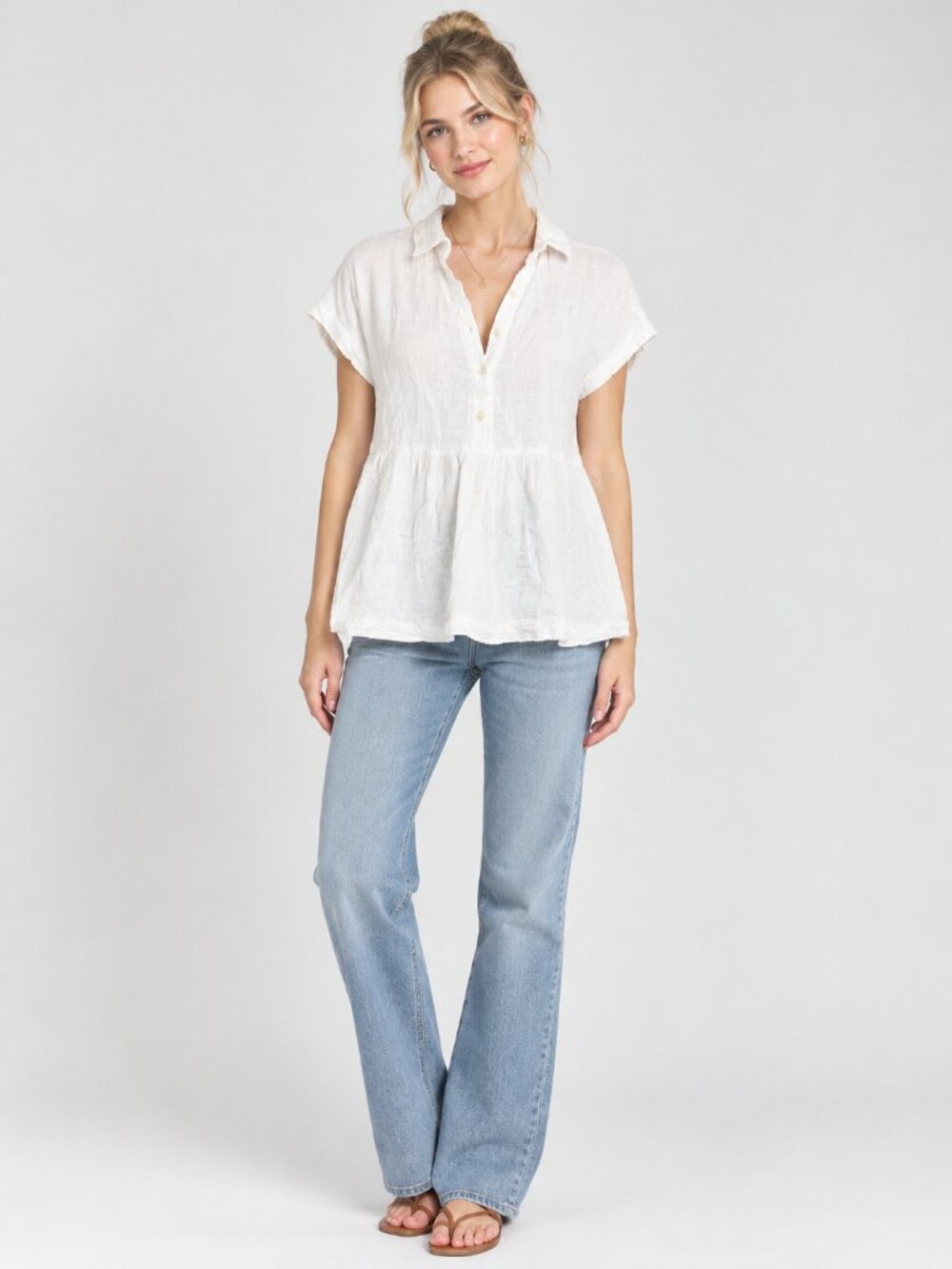 2/$30 TAHARI Babydoll Popover Shirt Short Sleeve White XS #A4291
